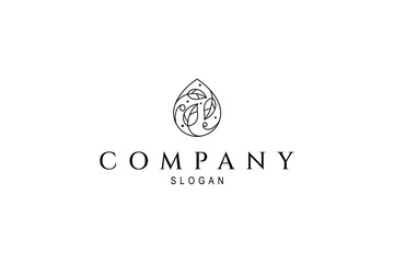 pure water drop logo with natural leaf plant in line art design style