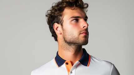 Young man with a beard wearing a white polo shirt with a navy and orange collar looking to the side against a plain background