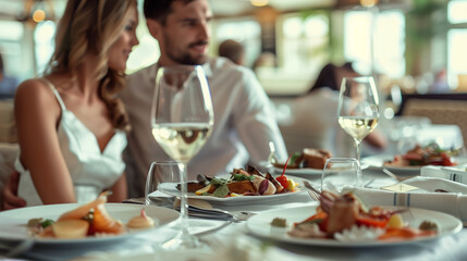 couple in an expensive restaurant in a restaurant in white colors