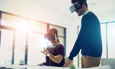 Man, woman and vr in office with holographic overlay, lines or teamwork for futuristic iot in collaboration. People, augmented reality and glasses for digital transformation or click for metaverse UX