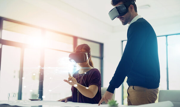 Man, woman and vr in office with holographic overlay, lines or teamwork for futuristic iot in collaboration. People, augmented reality and glasses for digital transformation or click for metaverse UX