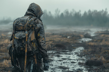 Naklejka premium An undead soldier in a tattered uniform wandering a battlefield. Concept of war and undead. Generative Ai.