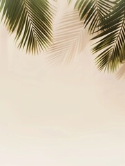 beige table stone marble and border palm leaves. summer background with tropical palm leaves and branches