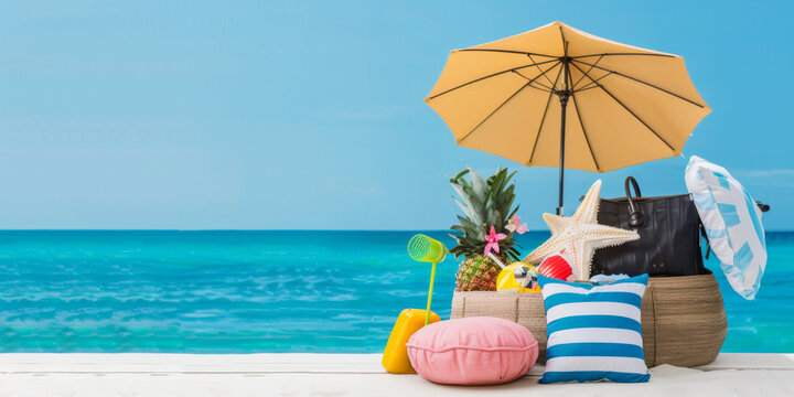 A vibrant beach setup featuring a yellow umbrella, cushions, a black beach bag, a starfish, and a pineapple with flowers, set against a clear blue sky and turquoise ocean