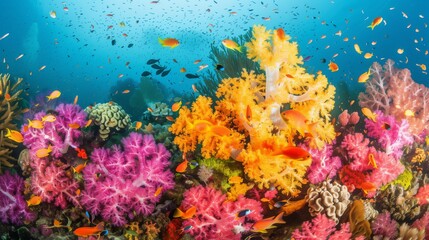 A vibrant coral reef teems with life, showcasing underwater diversity and symbolizing growth and resilience.