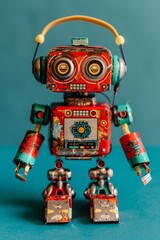 Fototapeta premium Adorable robot with music headphones on soft pastel background for text placement