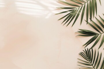 Fototapeta premium beige table stone marble and border palm leaves. summer background with tropical palm leaves and branches