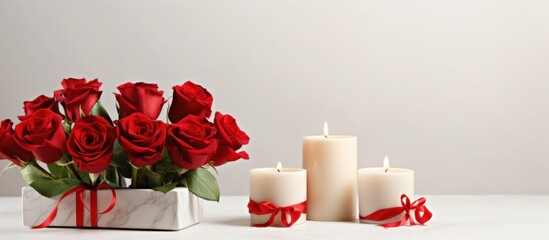 candles, a gift box, and red roses bouquet