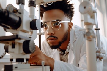 Ophthalmologist performing detailed eye check up to precisely evaluate individual s vision