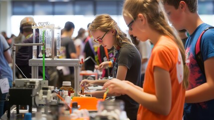 A popular science fair showcases inventions, with participants explaining projects to curious visitors.