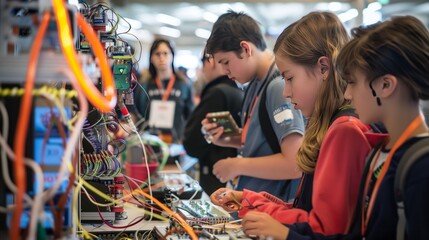A popular science fair showcasing accessible inventions with enthusiastic participants and engaged visitors.