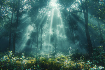 A misty morning in a pine forest with rays of light breaking through. Concept of mystery and nature. Generative Ai.