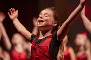 Naklejka premium Young Dancer Expresses Joy Through Song and Dance During Performance