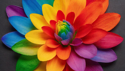 Obraz premium macro close photo of a flower with petals painted in the colors of the lgbt flag and rainbow, abstract wallpaper background texture for product presentation, queer gay lgbtqia pride visibility month