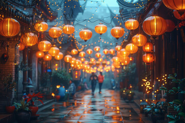 A vibrant street festival with lanterns and crowds of people celebrating. Concept of culture and festivity. Generative Ai.