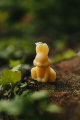 Handmade candles from natural beeswax in the shape of flowers, bears on an old stump in the forest. Hobby. Handmade present. Gift. Artistic photo of beekeeping products against the backdrop of nature