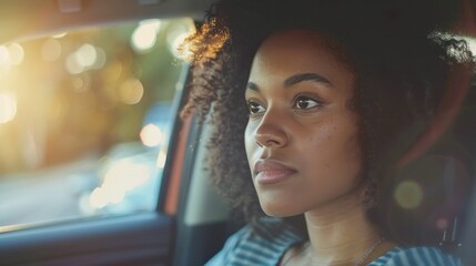African American woman enjoying a sunny car ride with a view of the outdoors, travel and leisure concept