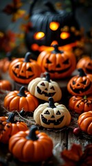 jack o lantern cookies and shortbreads, decorated pastries for halloween, pumpkin treats, autumn cakes and sweets, halloween party, bakery, cookies cake and shortbread with pumpkin, Generative AI