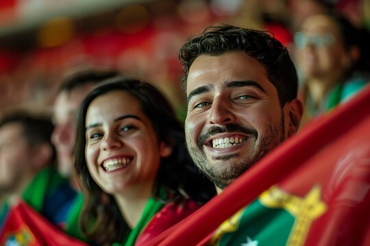 Enthusiastic couple with bright smiles, sharing a moment of joy while draped in the Portuguese flag at a sporting event