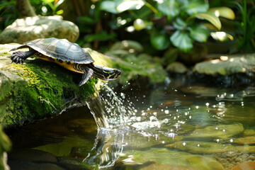 Obraz premium A turtle perched on a mossy rock beside a pond, with water splashing gently, creating a serene and natural scene....