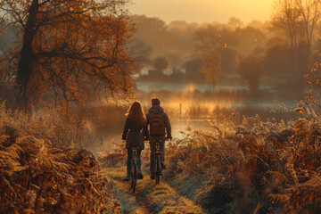 A couple enjoying a leisurely bike ride through the countryside. Concept of exercise and exploration. Generative Ai.