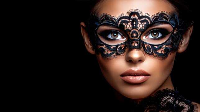 Close up portrait of mysterious young woman in elegant black lace mask on dark background