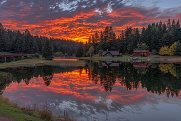 Obraz premium Tranquil mountain lake sunset ideal for wellness retreat ads with golden tones and peaceful ambiance
