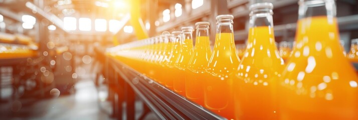 Precision in production  close up of orange fruit juice bottling line in well lit factory