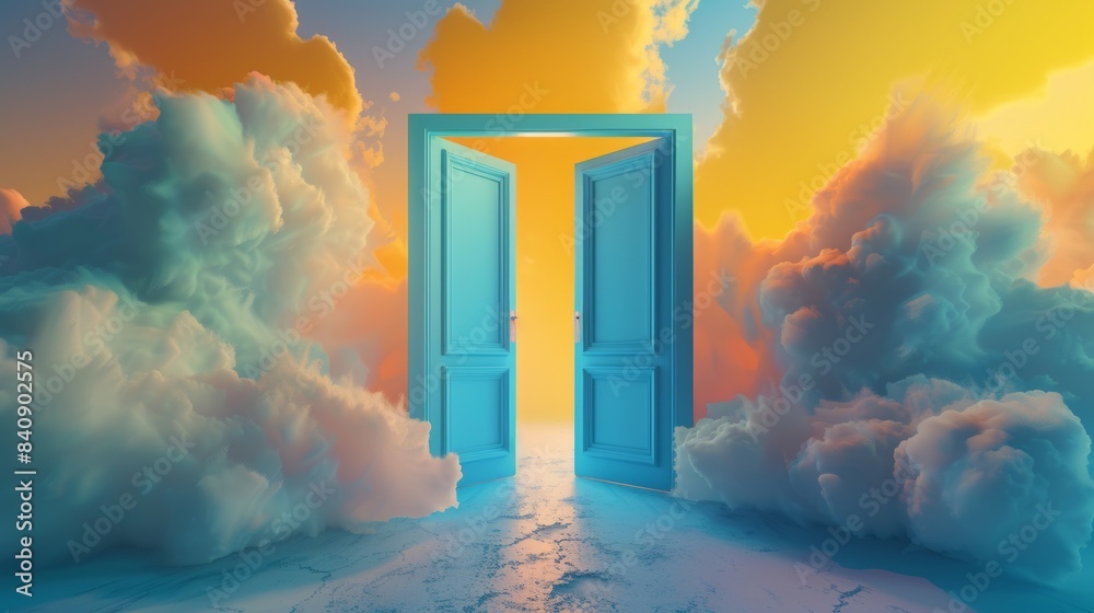 Wall mural in this 3d render, we see wide white clouds in the sky and blue double doors with yellow light. the  - Wall murals
