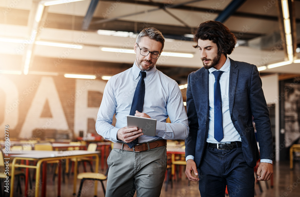 Aufkleber Business people, tablet and talking or walking in office with discussion for project management and client briefing. Manager, employee and networking with digital tech for teamwork on corporate ideas