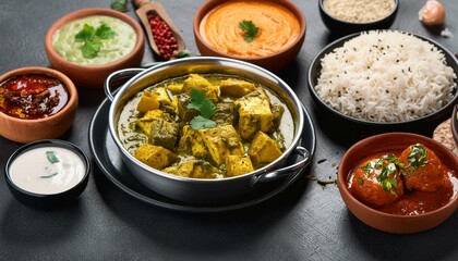 Indian food Curry butter chicken, Palak Paneer, Chiken Tikka, Biryani, Vegetable Curry, Papad, Dal, Palak Sabji, Jira Alu, Rice with Saffron on dark background