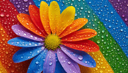 Obraz premium macro close photo of a flower with water drops and petals painted in the colors of the lgbt flag and rainbow, abstract wallpaper background texture for product presentation, queer gay lgbtqia pride 