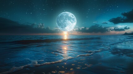 Full blue moon over cold night water