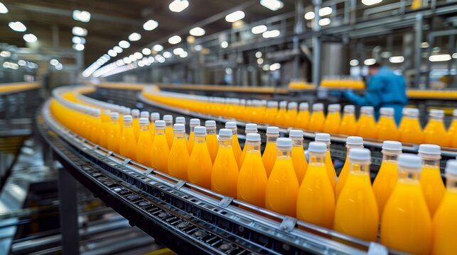 Precision in production  close up of orange fruit juice bottles on bottling line in well lit factory