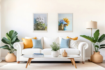 Fototapeta premium Interior of a bright living room with a white sofa.