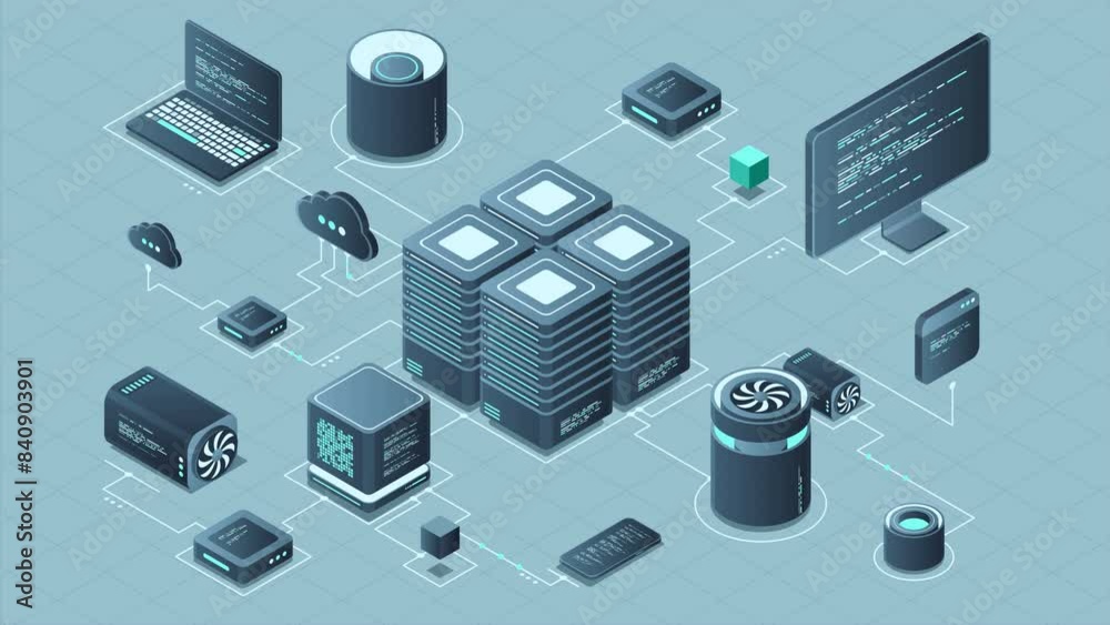 Poster Isometric computer technology animation. Computation of big data center. Cloud computing. Online devices upload and download information. 4K video animated in isometric style