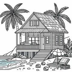 Tropical Beach House Coloring Page