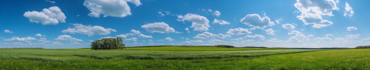 Fototapeta premium A large field with a few trees and a blue sky