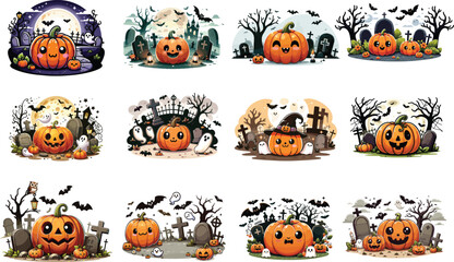 Naklejka premium Spooky Pumpkin Bundle Set,A Halloween Illustration Collection In Vector Format