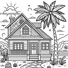 Tropical Beach House Coloring Page