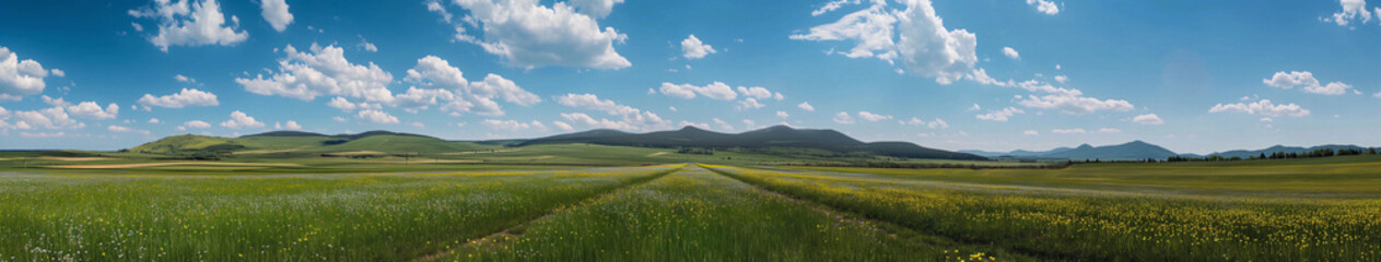 Naklejka premium A large field of grass with a clear blue sky above