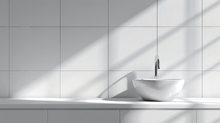 Fototapeta premium White vanity with ceramic sink and faucet in modern style bathroom with sunlight and shade.
