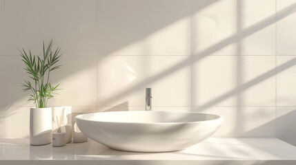 White vanity with ceramic sink and faucet in modern style bathroom with sunlight and shade.