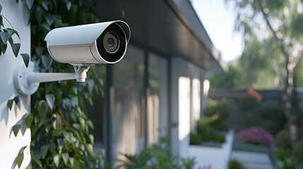 High-Tech Surveillance Camera Mounted On Wall For Garden Security