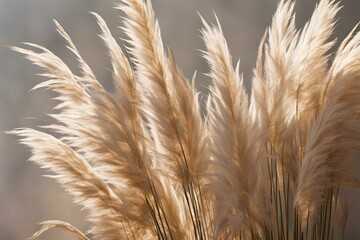 Elegant pampas grass arrangement, soft natural decor, minimalist home design, beige and neutral tones, cozy interior setting, boho style decor, dried grasses, sunlight and shadows, serene ambiance