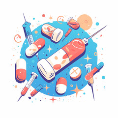 Colorful Illustration Of Antibiotic Pills, Capsules, and Syringes On A Blue Background