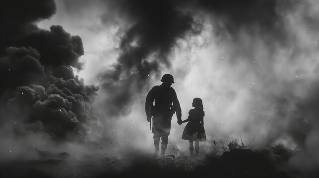 A soldier and a young girl walk hand-in-hand through smoke and debris