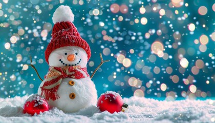Fototapeta premium Adorable snowman in a delightful winter holiday setting with twinkling bokeh lights