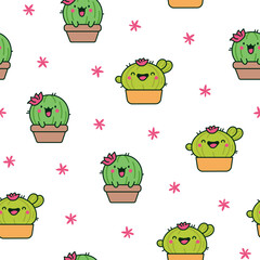 Cute kawaii cactus. Seamless pattern. Funny succulent plant with happy face. Hand drawn style. Vector drawing. Design ornaments.