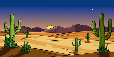 Majestic Desert Landscape at Evening with Cacti Silhouettes